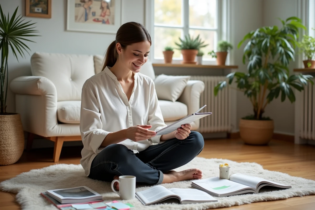 Maman moderne assise sur le sol de son salon, entourée de magazines et d'un tablet, explorant différentes thématiques pour les femmes d'aujourd'hui