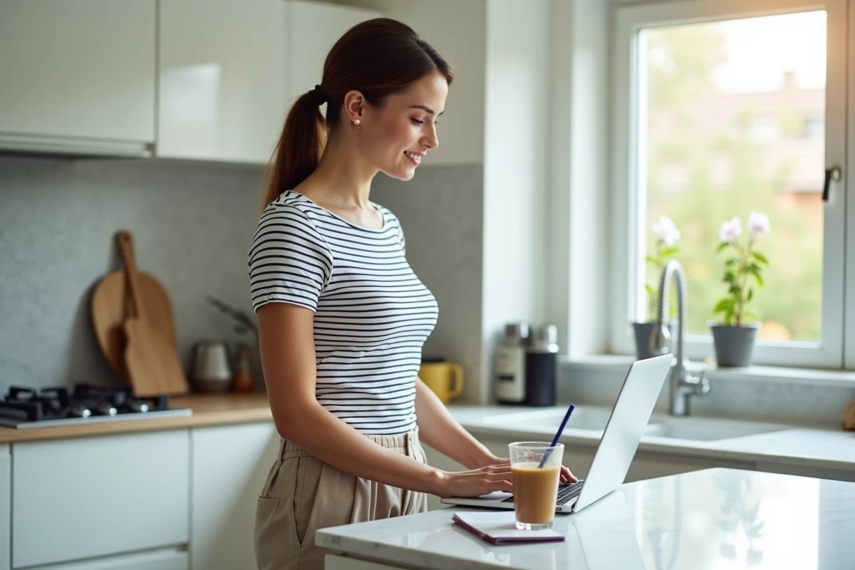 Jeune maman organisée dans sa cuisine moderne, consultant son ordinateur portable pour trouver des conseils et thématiques adaptés à son quotidien