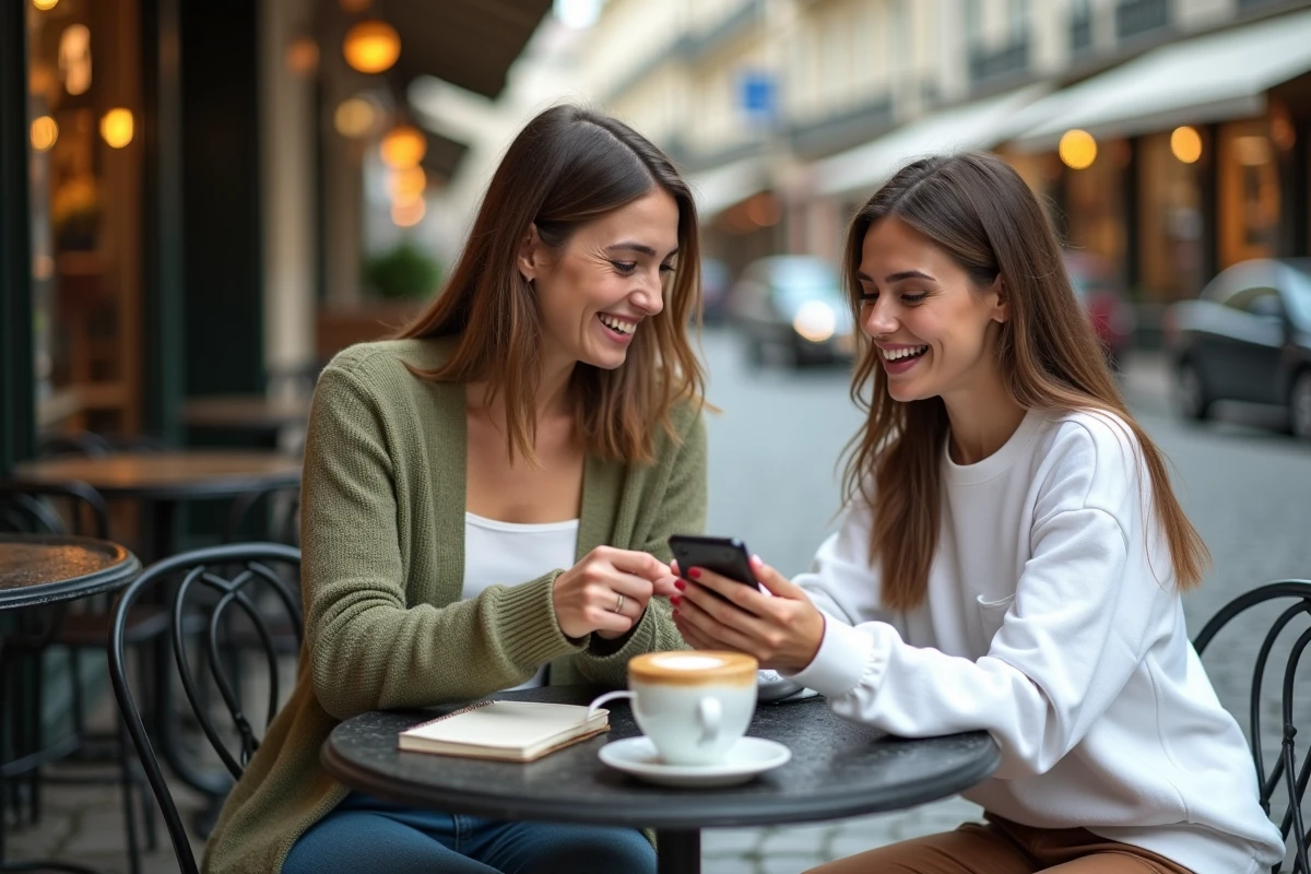 Deux mamans modernes attablées en terrasse, partageant des découvertes et rubriques incontournables sur smartphone lors d'un moment convivial