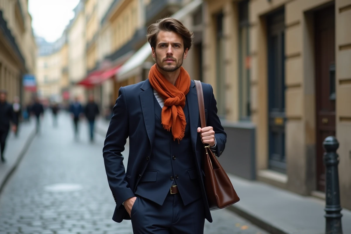 Homme élégant en costume bleu marine et foulard terracotta marchant dans une rue pavée du Marais à Paris illustrant les tendances de la mode masculine française
