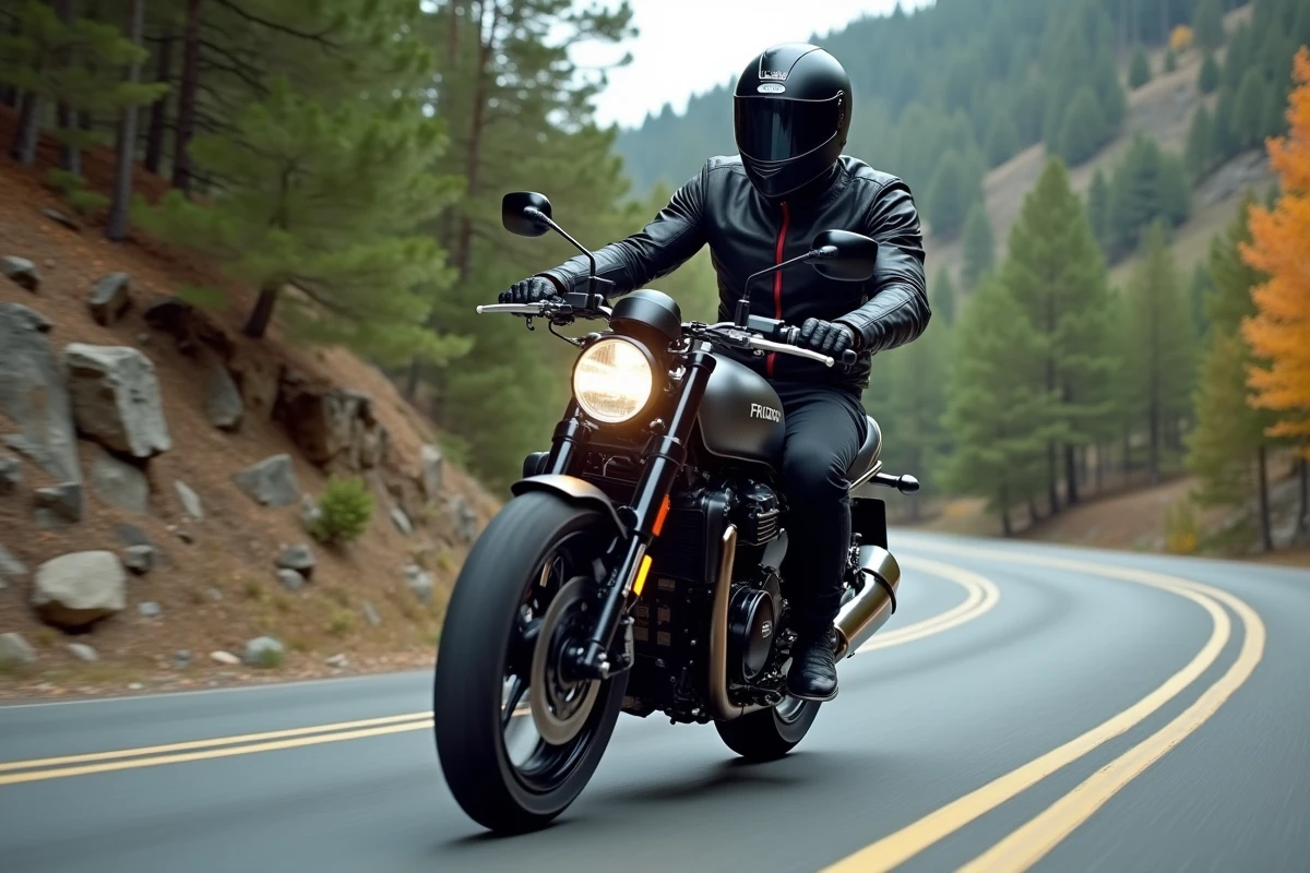 Motard équipé chevauchant une moto Frison performante sur une route de montagne sinueuse entourée de forêts de pins