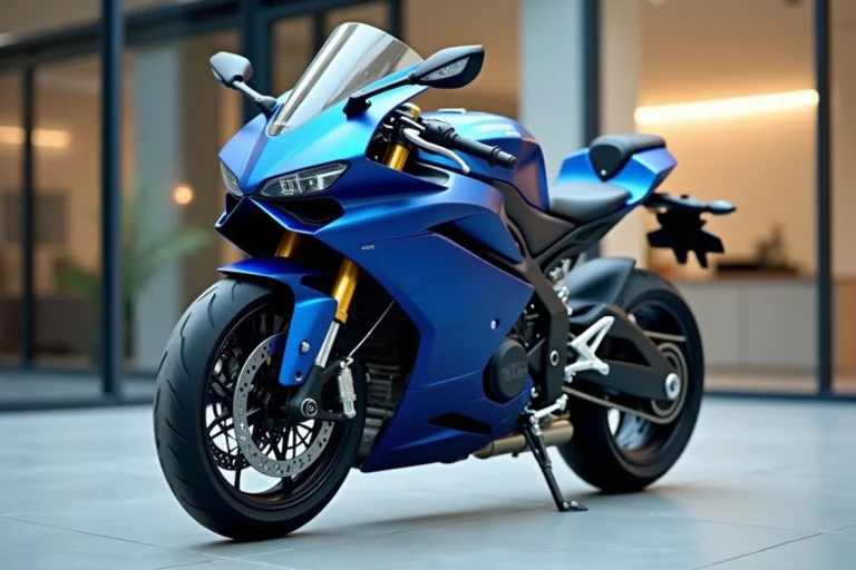 Moto Frison au design élégant et sportif exposée dans un showroom moderne, avec une carrosserie bleu métallisé et des finitions chromées