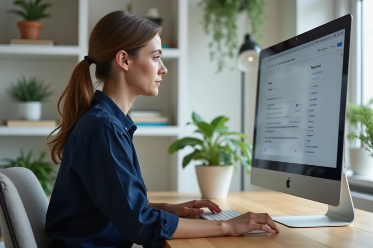 Femme naviguant sur le plan du site d'un blog vin sur un ordinateur de bureau dans un bureau moderne