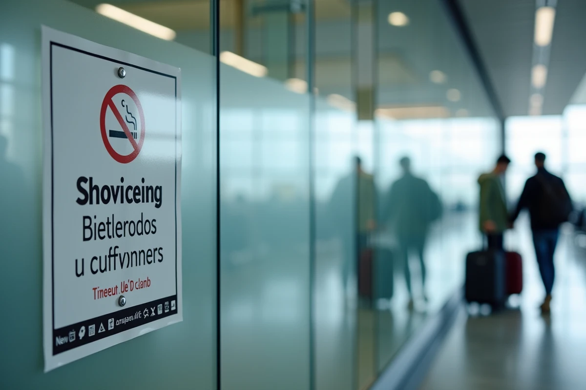Panneau zone fumeurs en français sur une paroi vitrée dans un aéroport côté piste après sécurité