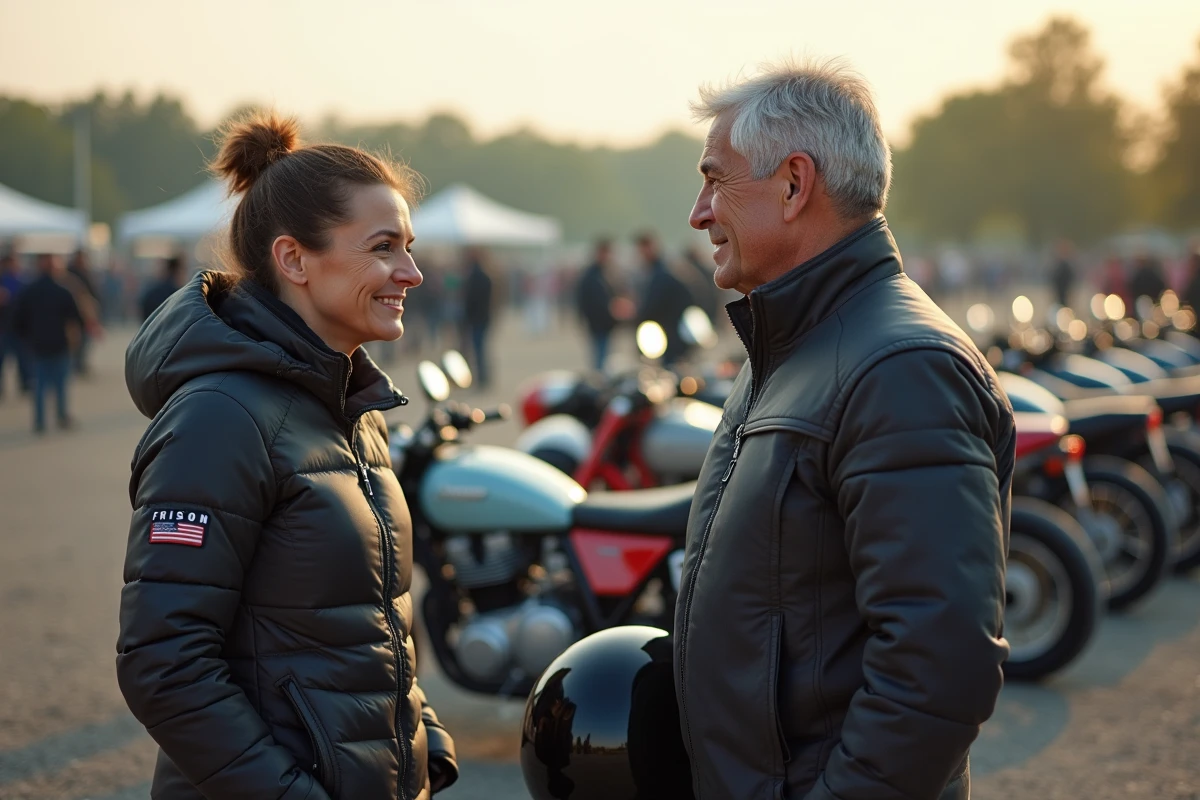 Deux passionnés de moto Frison lors d'un rassemblement en plein air, admirant une rangée de motos aux coloris variés
