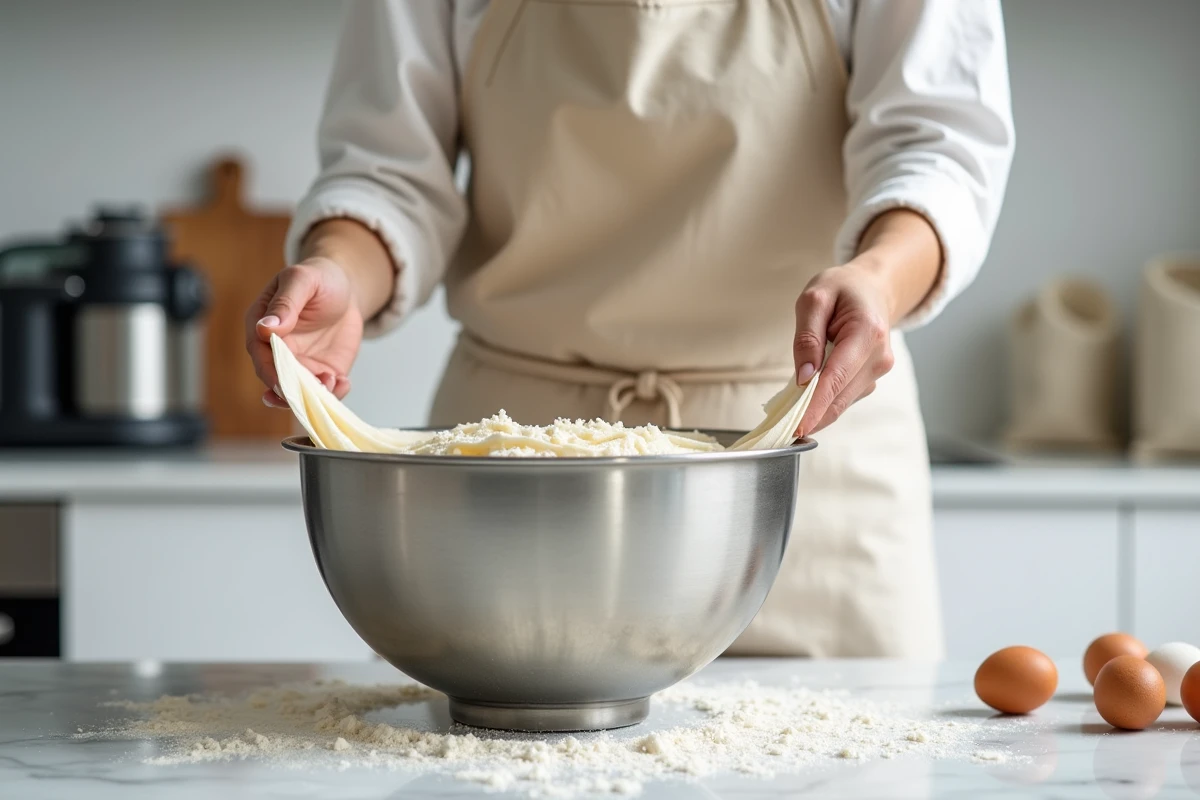 Femme préparant la pâte du biscuit Joconde dans un Thermomix sur un plan de travail en marbre blanc