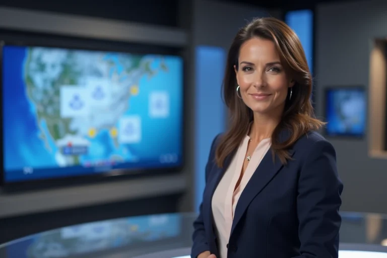 Présentatrice météo professionnelle devant un écran de carte météorologique dans un studio de télévision moderne