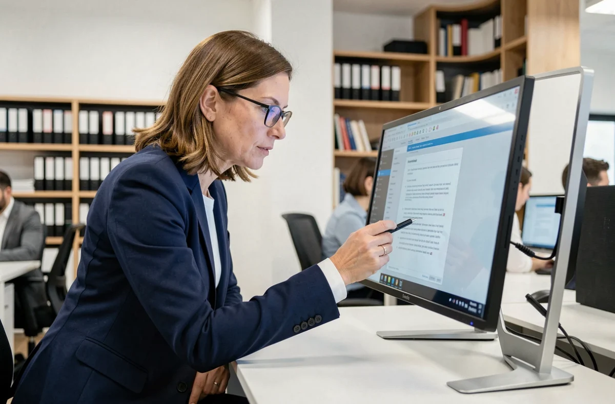 Professionnelle en blazer marine consultant des documents numériques sur un écran tactile dans un bureau moderne pour la mise en place d'une GED