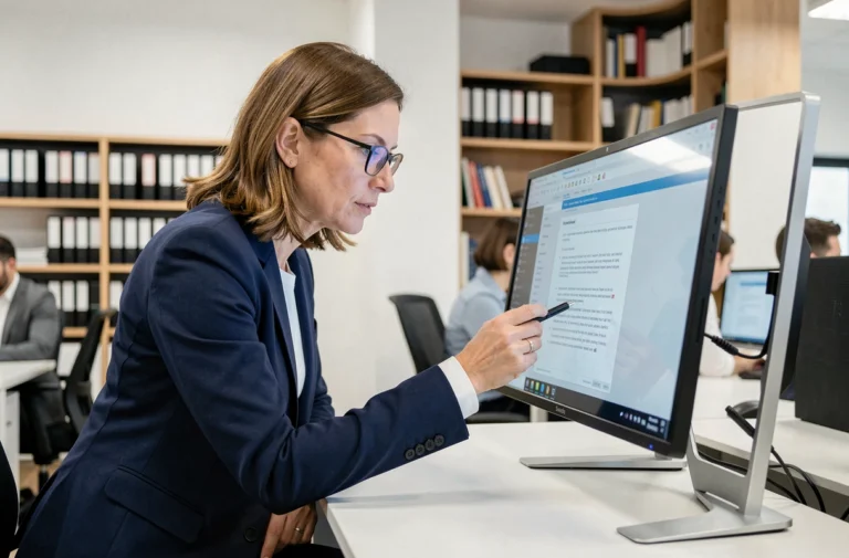 Professionnelle en blazer marine consultant des documents numériques sur un écran tactile dans un bureau moderne pour la mise en place d'une GED