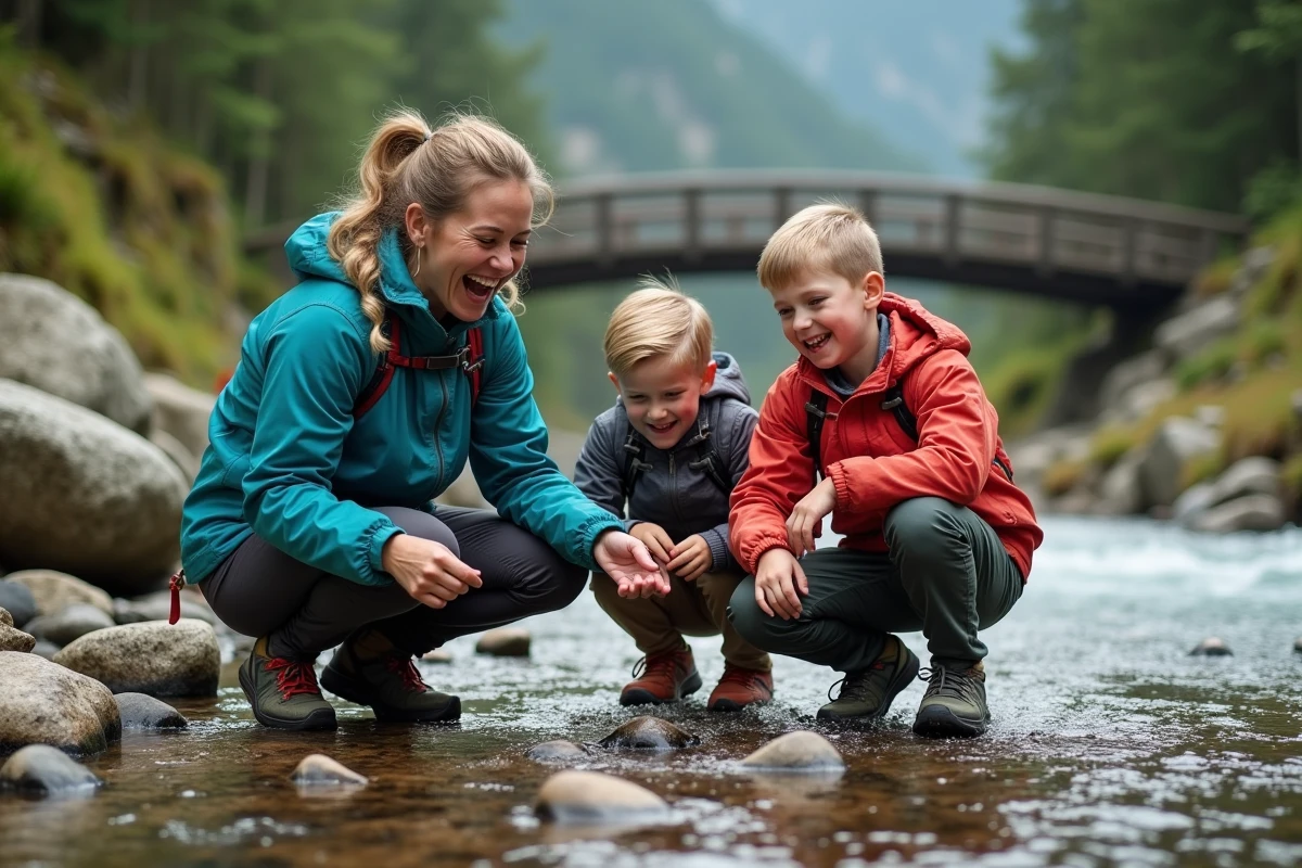 Mère et enfants en randonnée observant un ruisseau de montagne lors d'un voyage en famille