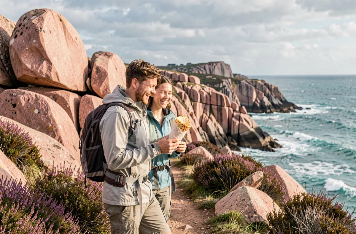 Couple dégustant une crêpe sur le sentier des Douaniers GR34 face aux falaises de granit rose