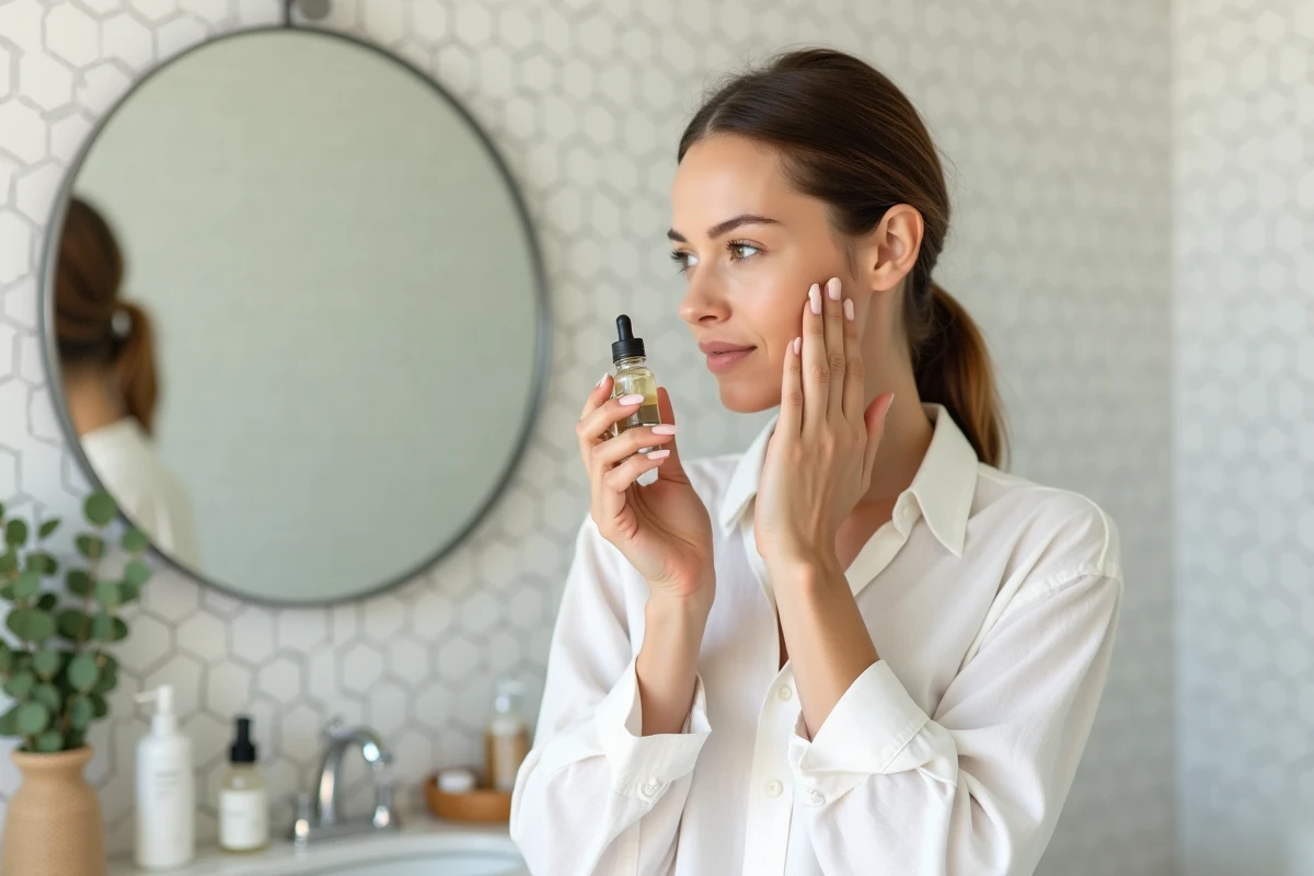 Femme appliquant un sérum visage devant un miroir dans une salle de bain moderne pour sa routine beauté quotidienne