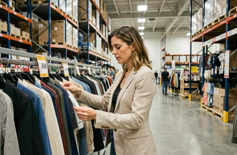 Femme faisant du shopping dans un magasin d'usine à Bordeaux, parcourant des vêtements de marque à prix réduit