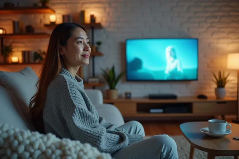 Jeune femme regardant un film en streaming sur sa télévision dans un salon cosy sans abonnement payant