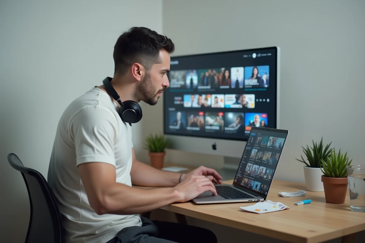 Homme consultant une plateforme de streaming gratuit sur ordinateur portable dans un bureau minimaliste
