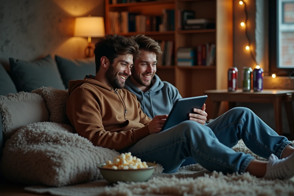 Deux amis regardant ensemble un film en streaming gratuit sur tablette dans un appartement décontracté