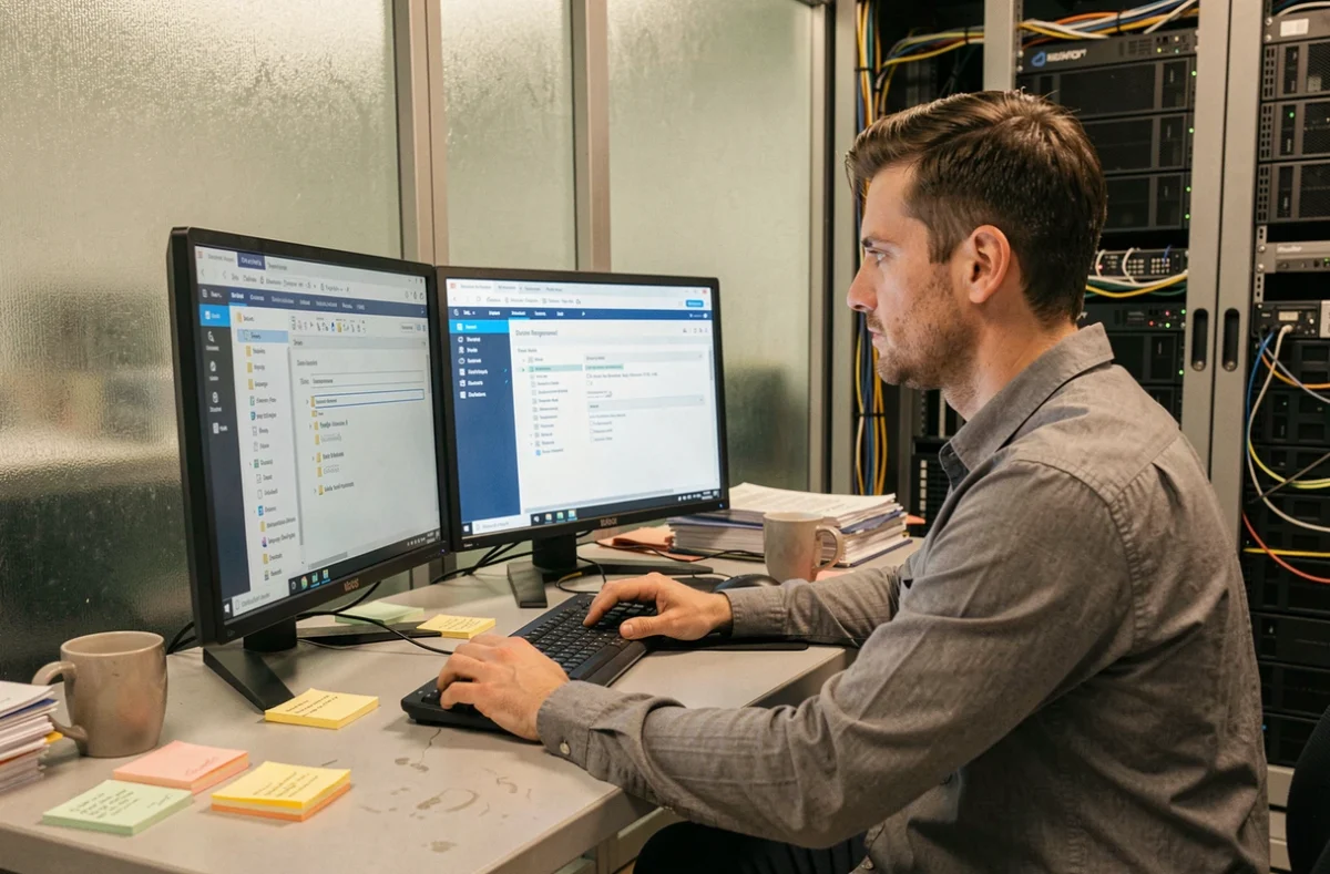 Technicien informatique configurant un logiciel de gestion électronique de documents sur deux écrans dans une salle technique