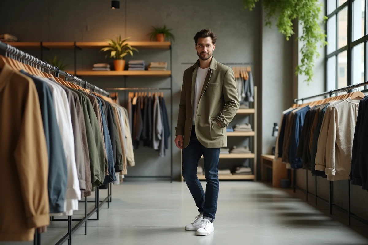 Homme en blazer en lin olive et jean indigo explorant les tendances mode dans un concept store contemporain