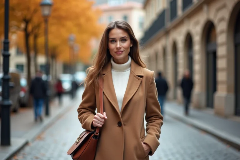Femme élégante portant un manteau camel et un sac en cuir structuré dans une rue pavée européenne en automne