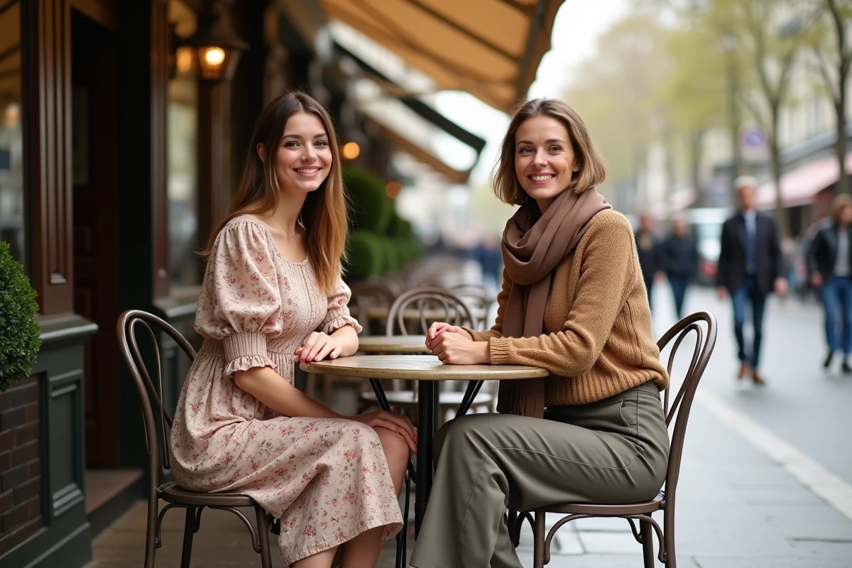 Deux femmes aux styles complémentaires discutant à une terrasse de café parisien, illustrant les tendances mode de la saison