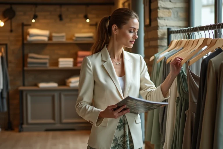 Femme parisienne élégante parcourant une boutique de mode tendance avec des vêtements soigneusement sélectionnés dans un intérieur en pierre apparente