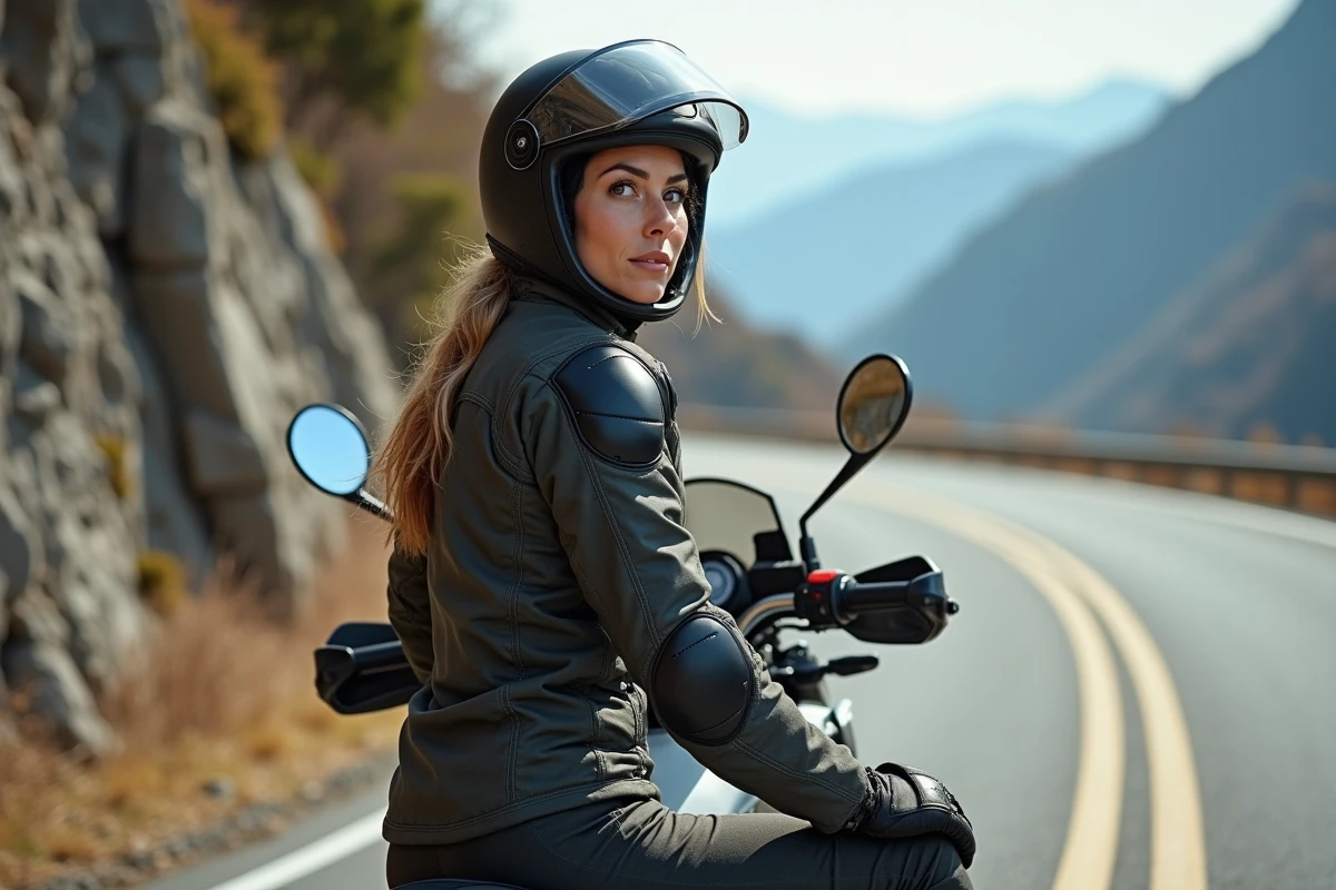Testeuse moto en veste textile évaluant une moto adventure sur une route de montagne alpine, analyse de performances moto