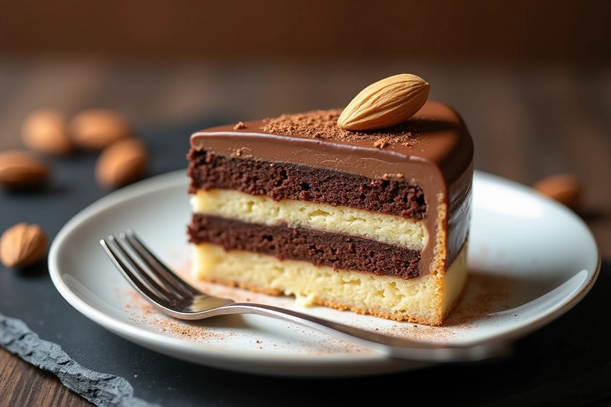 Tranche d'entremets au biscuit Joconde révélant les couches de ganache chocolat et crème beurre café sur assiette blanche