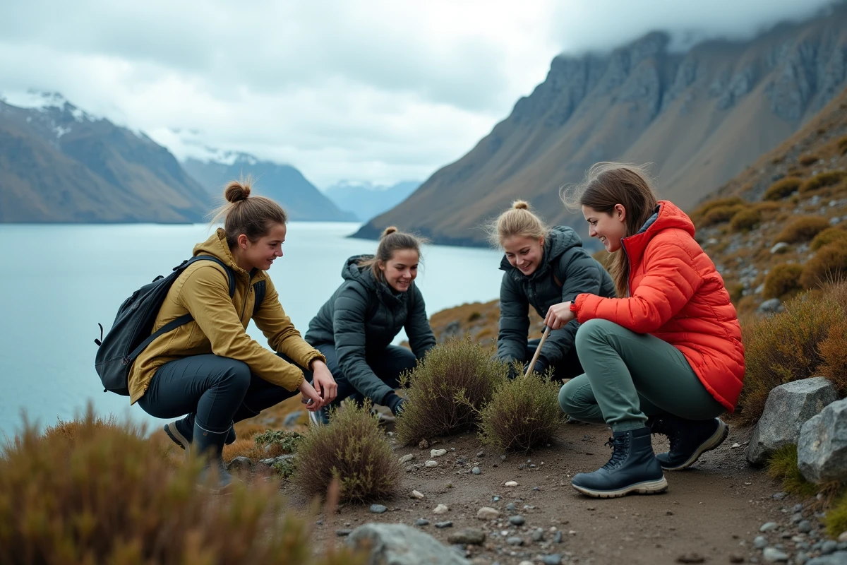 Groupe de volontaires internationaux restaurant la végétation native sur un sentier côtier en Patagonie lors d'un voyage écologique et solidaire