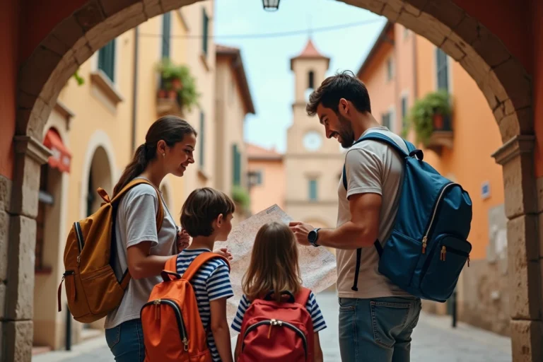 Famille avec enfants explorant une vieille ville européenne avec carte en main devant une arche en pierre