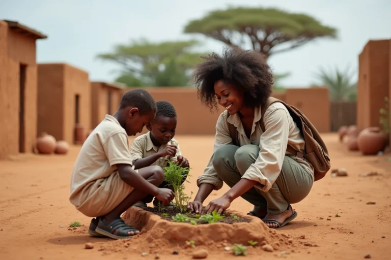 Voyageuse solidaire aidant des enfants à planter des semis dans un village d'Afrique de l'Ouest lors d'un voyage engagé