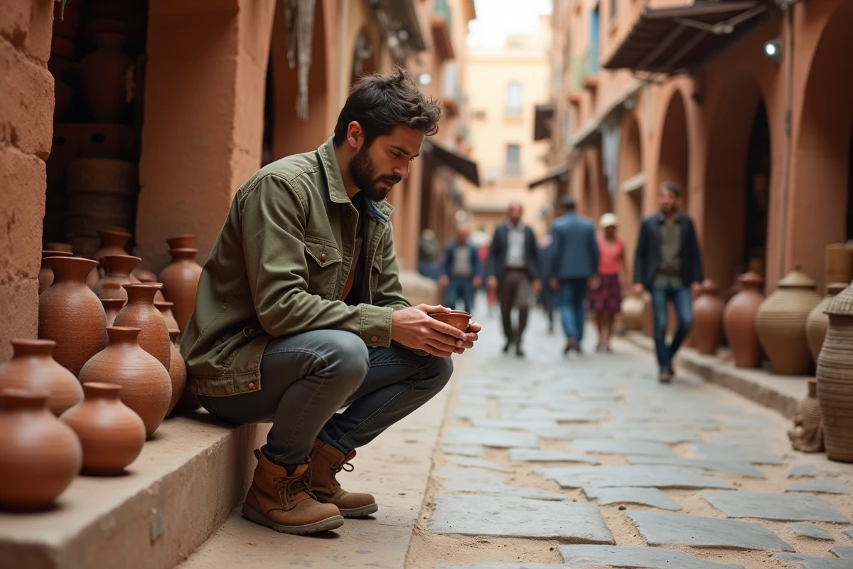 Voyageur explorant un marché artisanal dans une médina marocaine pendant un tour du monde