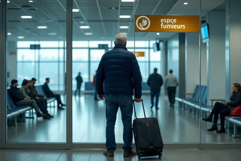 Homme dans la zone fumeur vitrée après la sécurité d'un aéroport moderne
